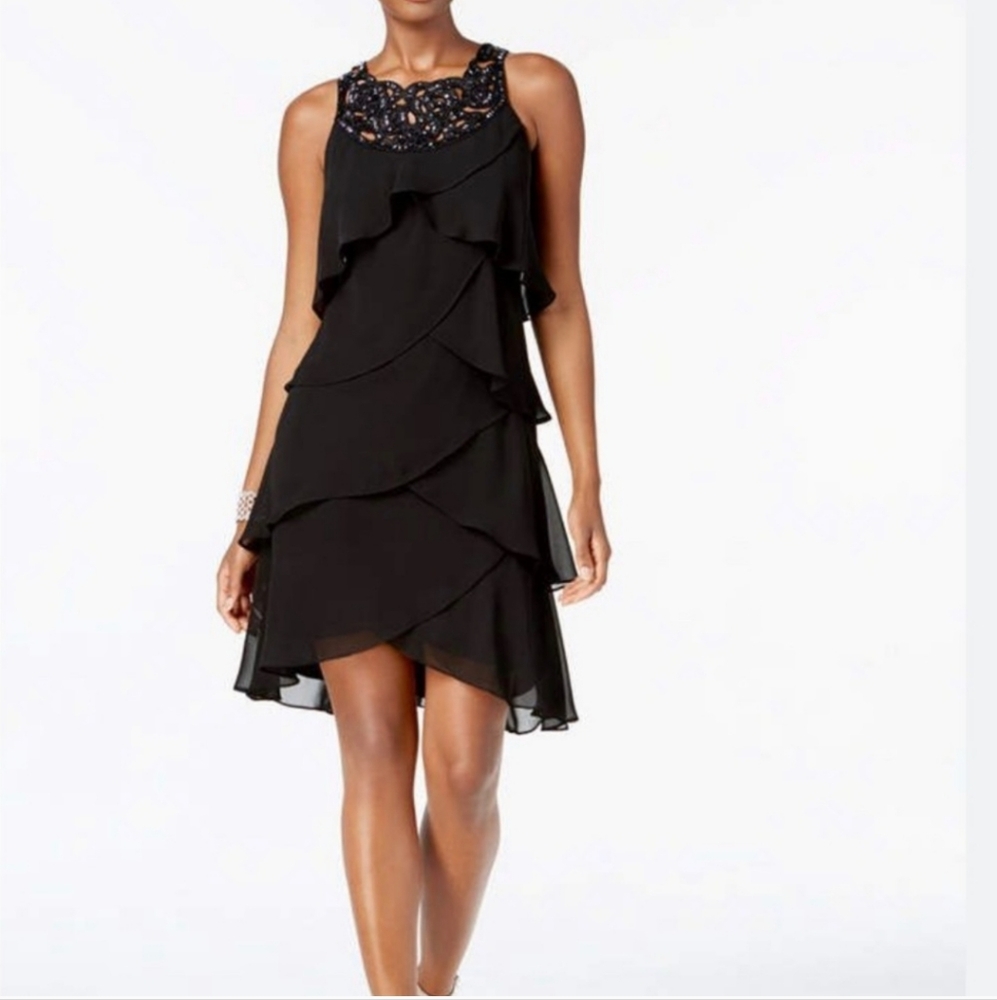 SLNY Elegant Black Beaded Chiffon Sleeveless Cocktail Dress NWT Womens Size 10